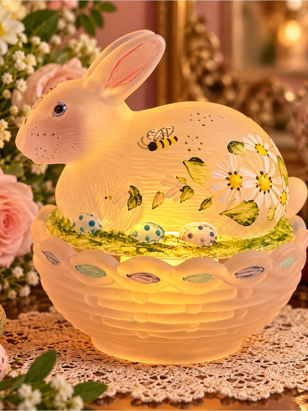 Vintage Frosted Pink Glass Bunny on Nest Fairy Lamp Hand Painted